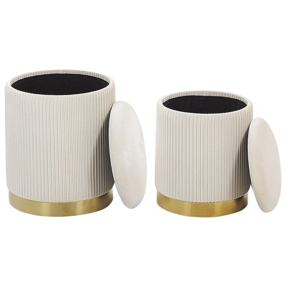 Set di 2 pouf contenitore rivestimento in velluto di poliestere bianco base dorata design moderno ciuffo orizzontale soggiorno o
