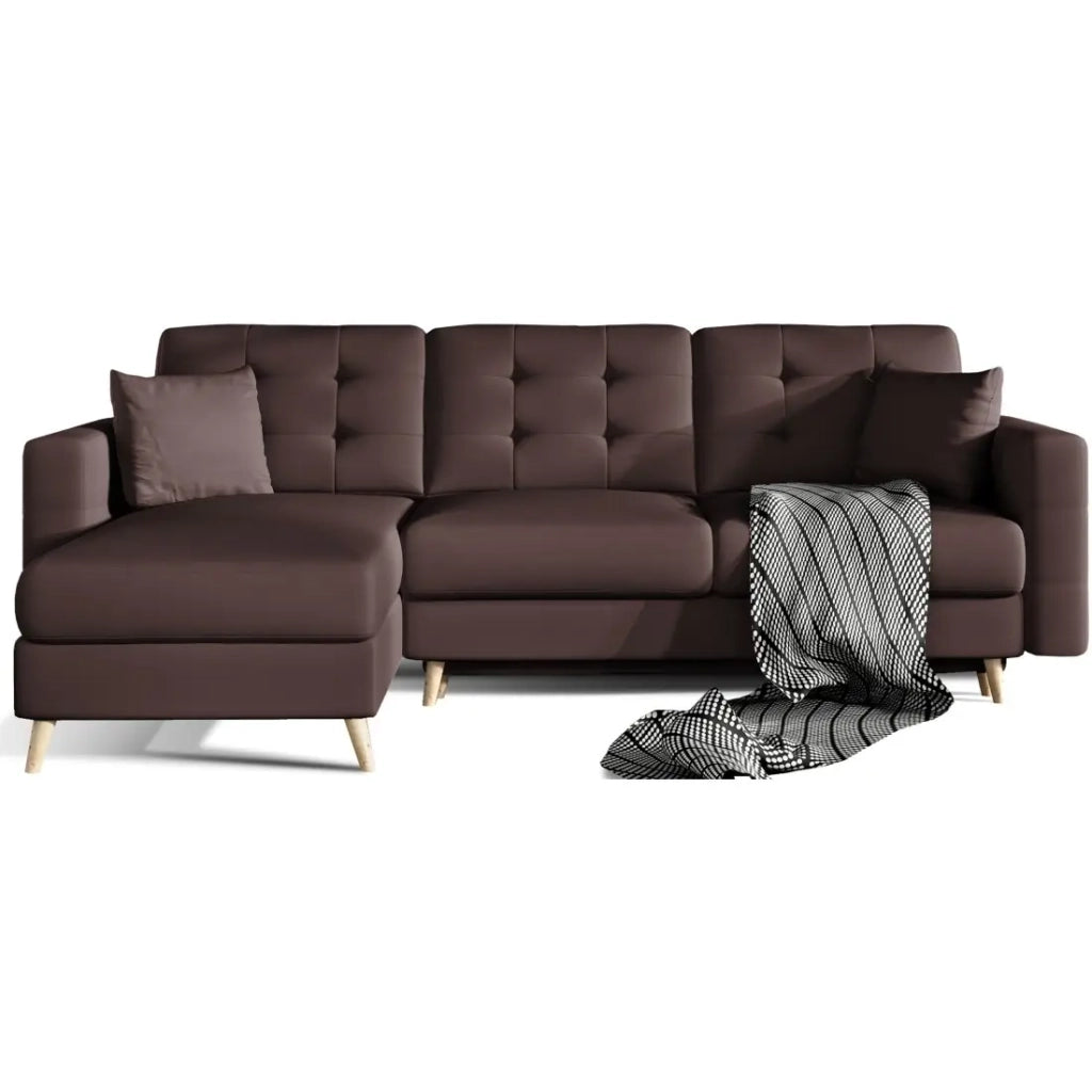 Divano ad angolo trasformabile HASGARD 3 posti marrone 248x162 cm – con contenitore e piedi in legno