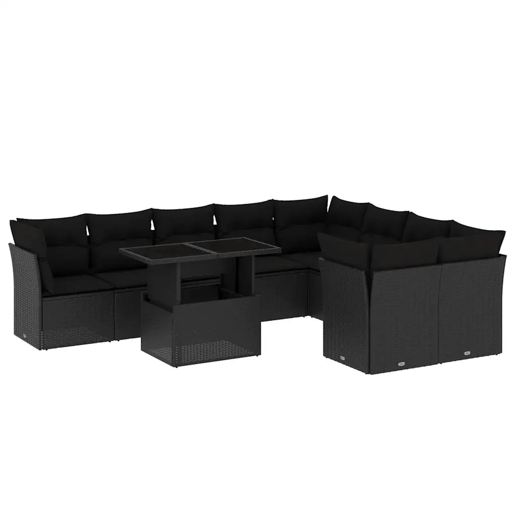 Set Divani da Giardino 10pz con Cuscini in Polyrattan Nero