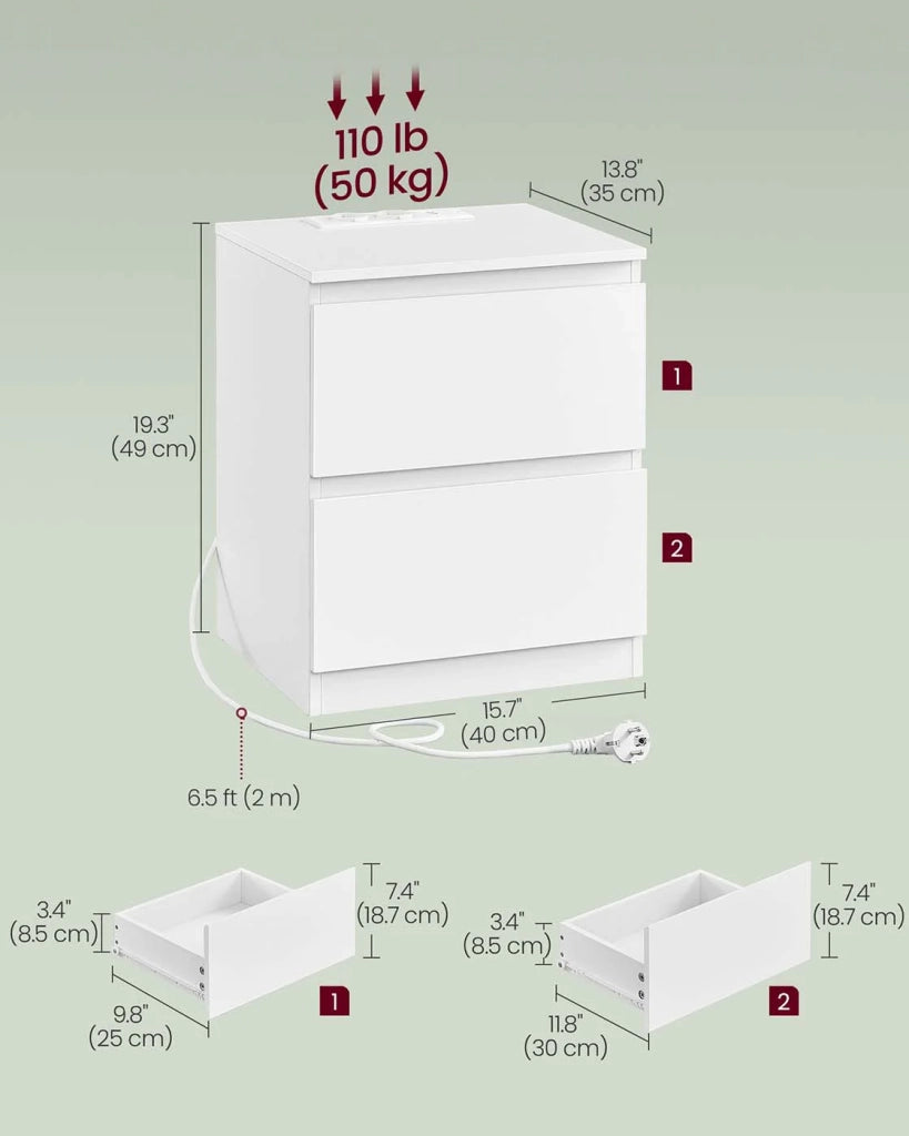 Comodino con multipresa tavolino con 2 cassetti 2 prese CA 2 porte USB-A per soggiorno camera da letto ufficio moderno bianco 12_0007607