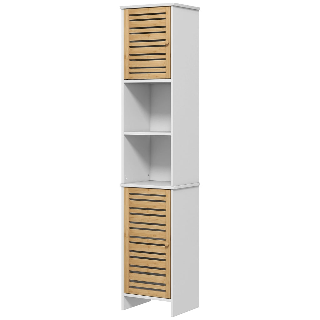 Mobile Bagno con Ripiani Regolabili e Ante in Bamb¨´ ¨C Zephmum ¨C 35x30x170 cm Bianco e Naturale