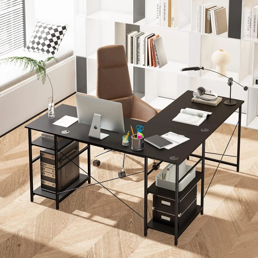 Scrivania Angolare per Computer con Supporto per Monitor, Scrivania Porta PC in Legno, Scrivania Salvaspazio e Moderna per Ufficio e Studio, 242 x 60 x 75 cm (Nero)