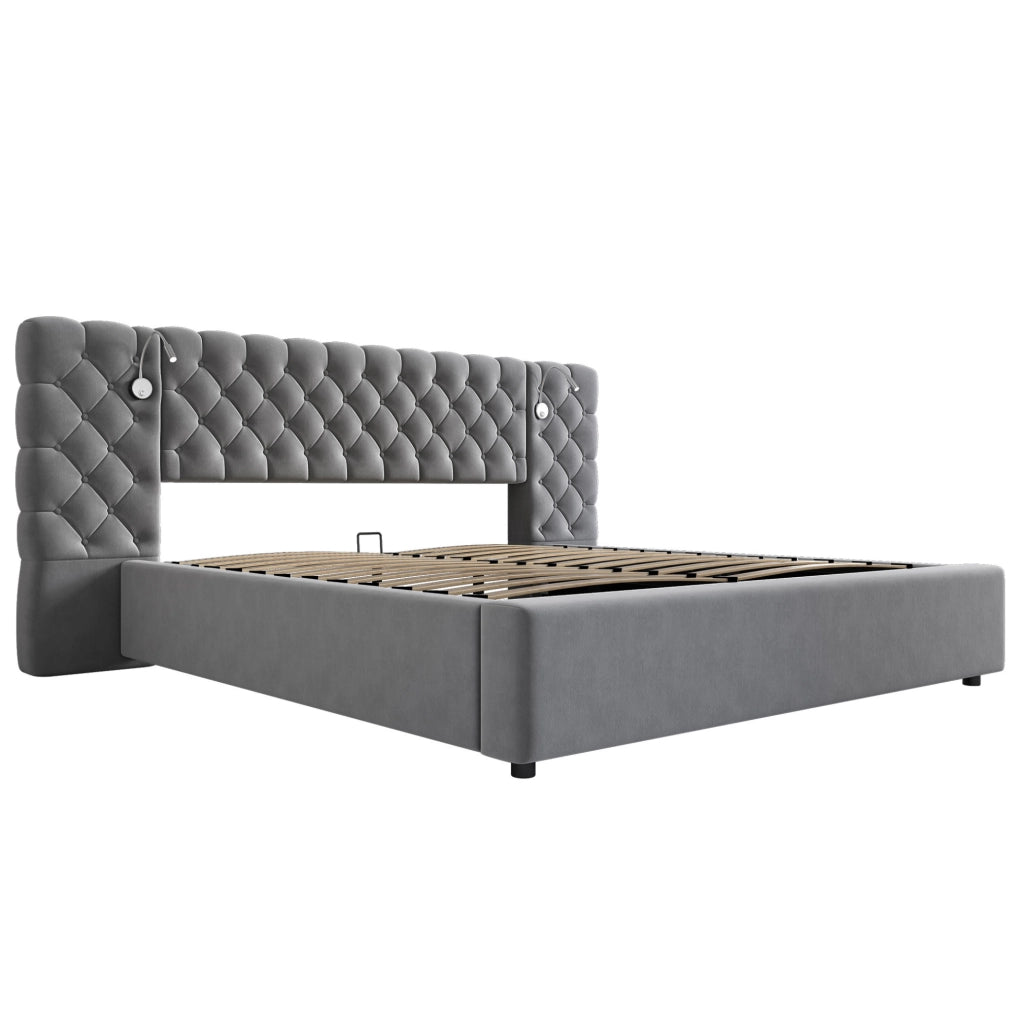 Letto imbottito 160x200 cm in velluto grigio con luce da lettura e contenitore