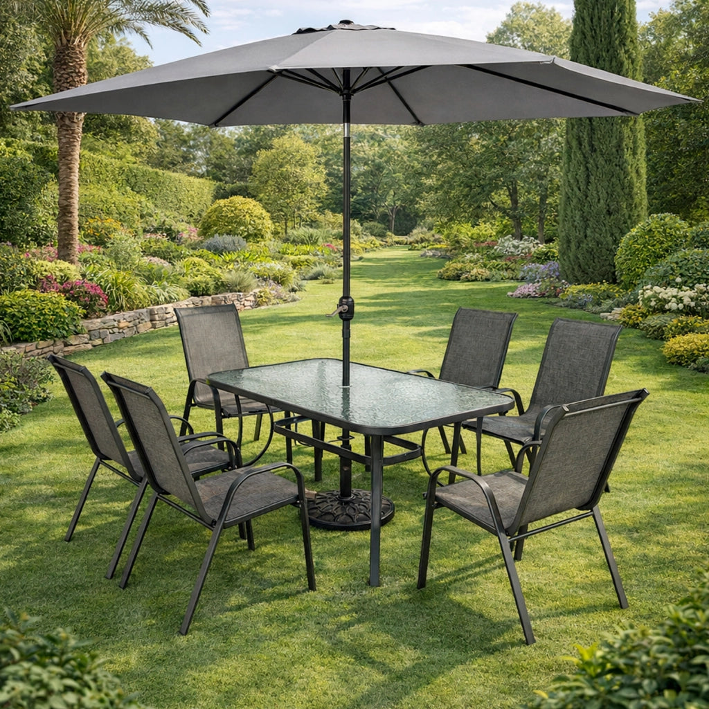 Salotto Da Esterno Con Tavolo In Vetro Temperato 6 Posti A Sedere E Ombrellone Rettangolare Ideale Per Patio Cortile Dehors E Cene All Aperto Arredo Moderno 150 x 90 x 71 Cm Grigio