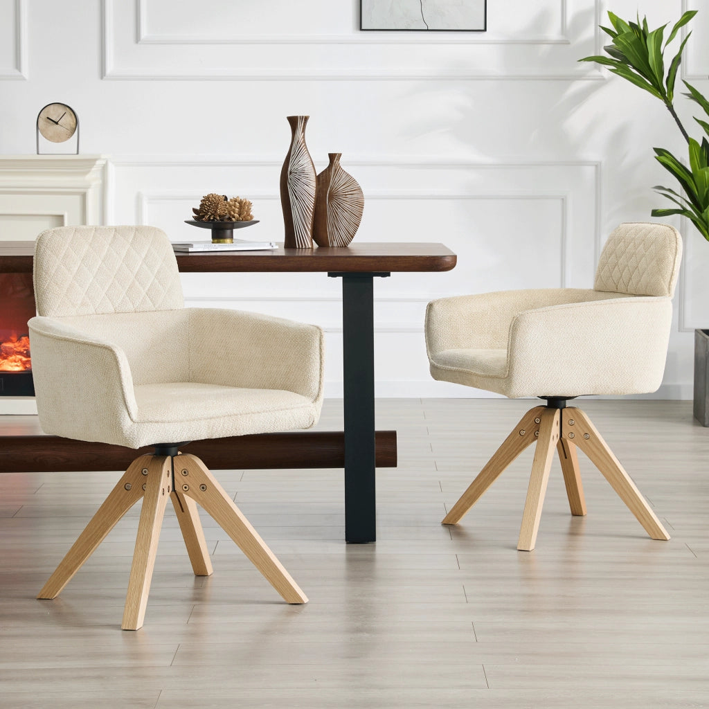 Sedia da Pranzo Set da 2 Girevole a 360° con Braccioli e Gambe in Legno Massello in Tessuto Bianco e Legno
