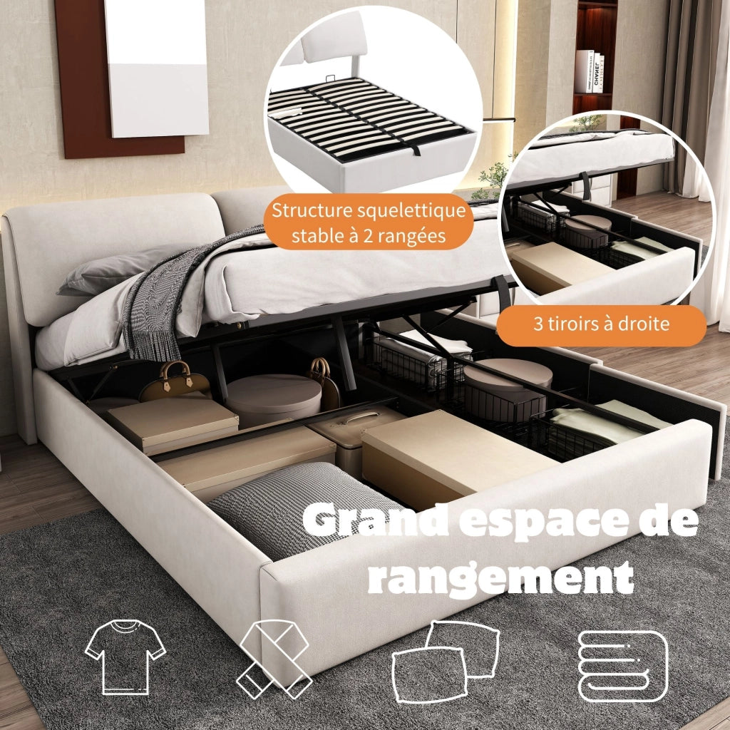 Letto Contenitore 140x200 cm; con Cassetti e Testiera Regolabile in Velluto Beige