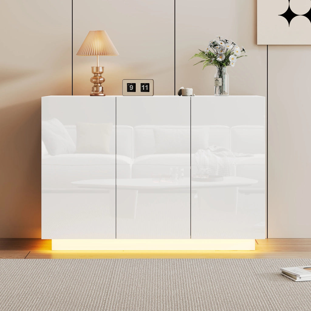 Credenza bianca lucida con luce LED, 120x40x75 cm, in pannello truciolare, con ante regolabili e capacit¨¤ 60 kg