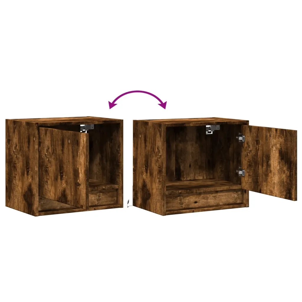 Set di 2 Comodini | Armadio da Notte | Mobiletto da notte a Parete con luci LED Rovere Fumo