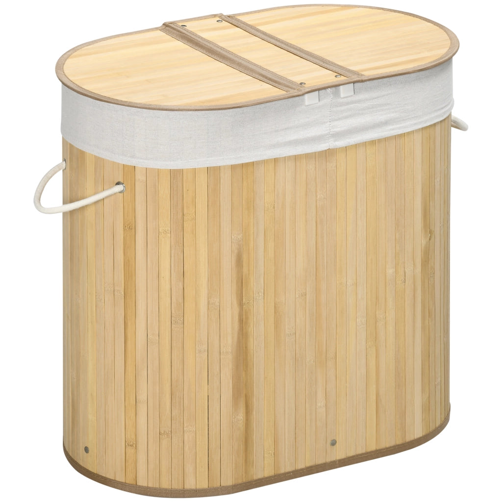 Cesto portabiancheria in bambÃ¹ naturale da 100 L con 2 scomparti e coperchi