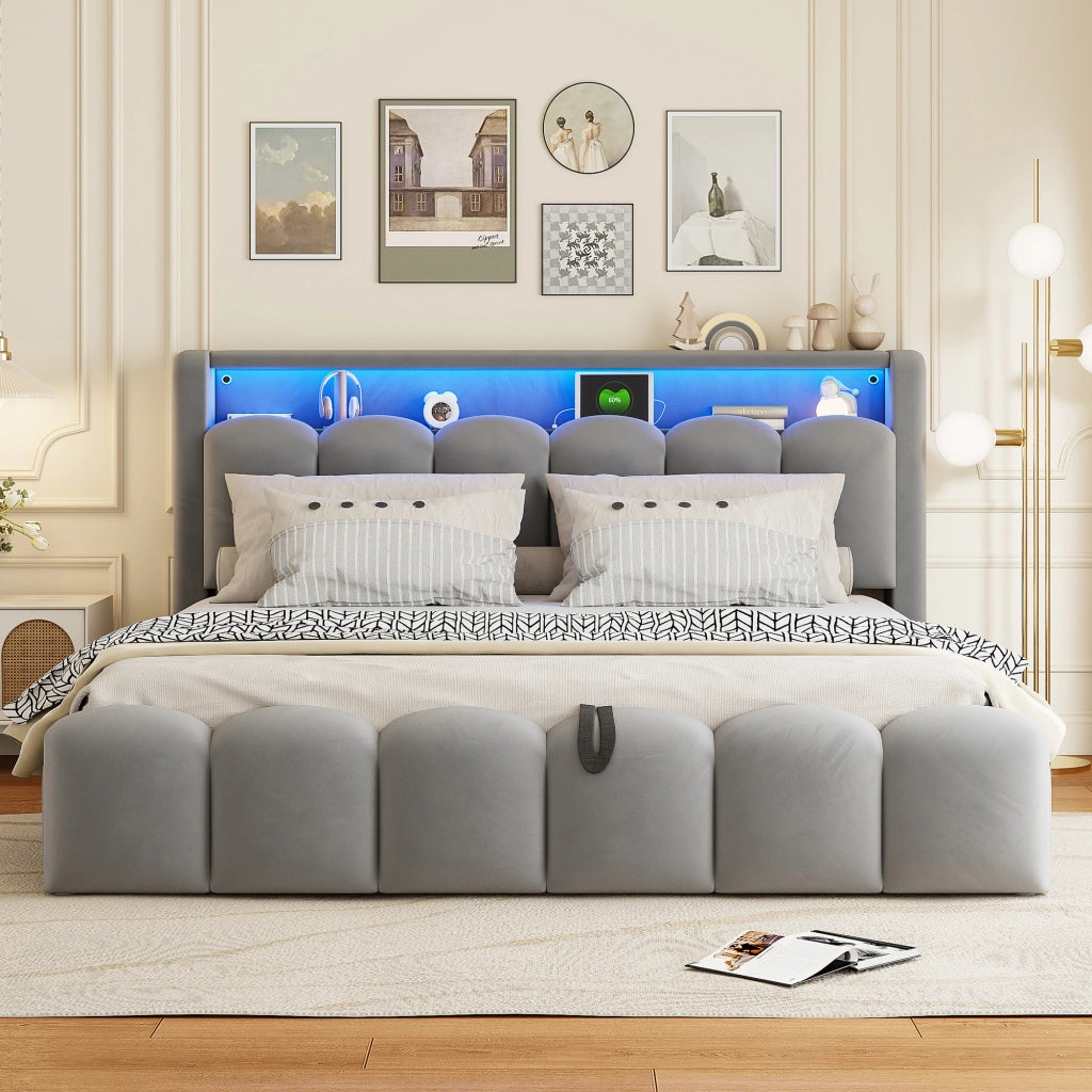Letto Matrimoniale 180x200 cm; 2 Posti; Contenitore; USB; Type-C e LED; Velluto Grigio