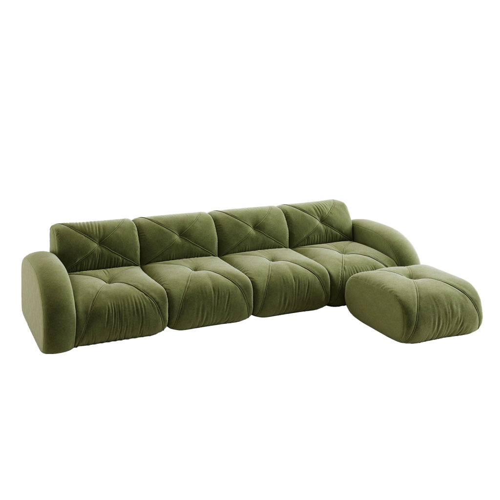 Divano angolare modulare a quattro posti in ciniglia con seduta senza struttura e poggiapiedi verde 358 × 171 × 76 cm