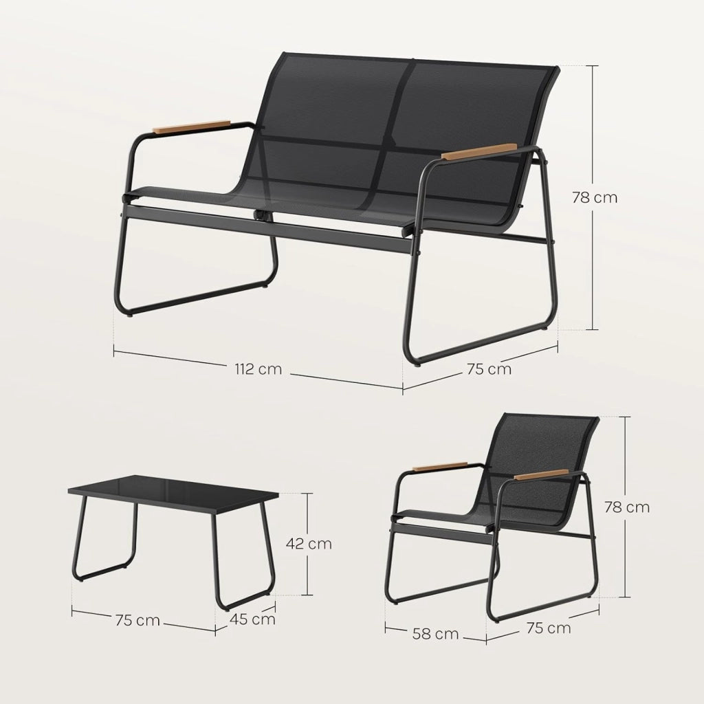 Set di Mobili da Esterno 4 Pezzi, Tavolo, Divano e 2 Sedie, Salotto da Giardino Resistente alle Intemperie, Struttura in Metallo, Tessuto Traspirante, per Balcone, Patio, Terrazza, Nero