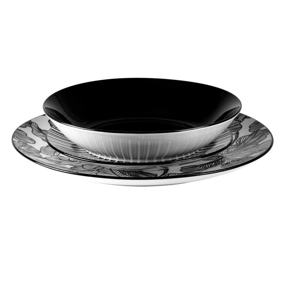 Trade Shop - Set Servizio Di Piatti Da Tavola In Porcellana Da 18pz Decori Bianco Nero Moderno Elegante -