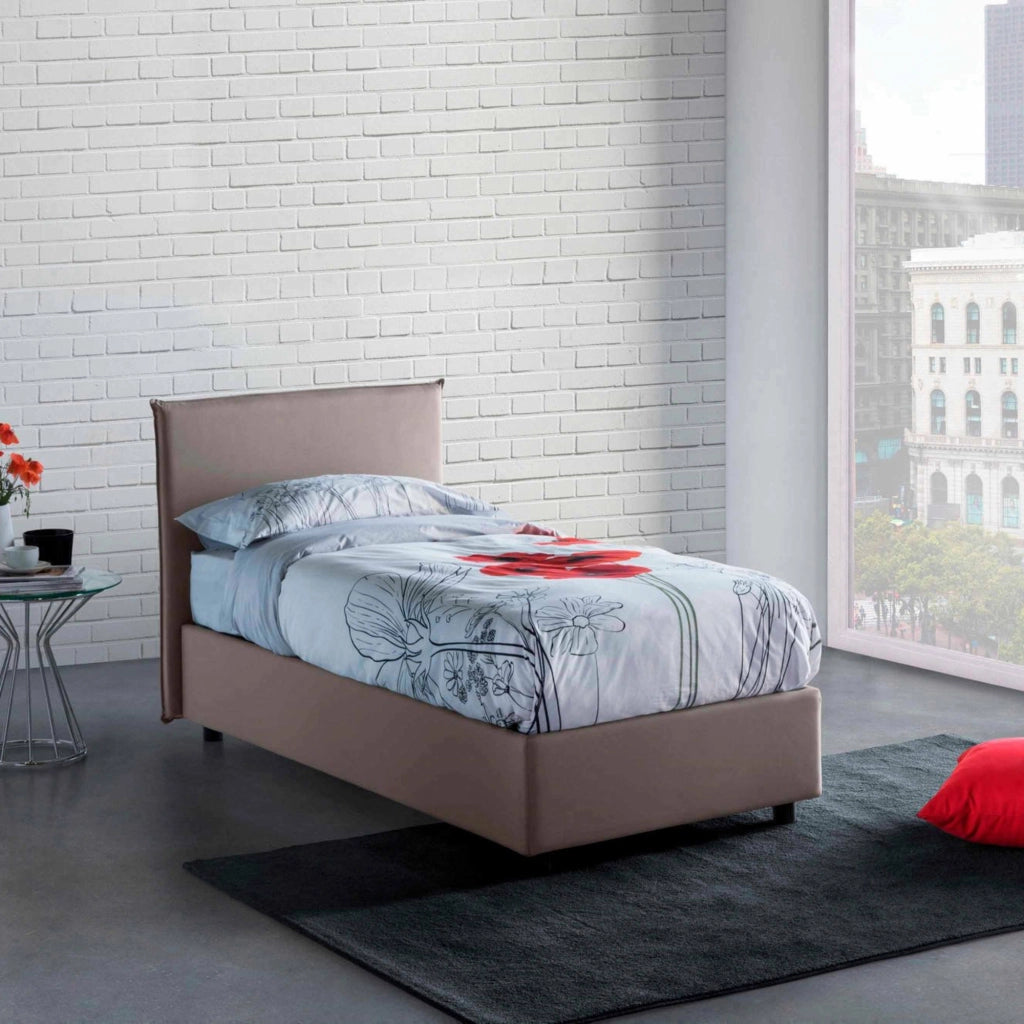 Letto singolo Acuila, Letto contenitore con rivestimento in tessuto, Made in Italy, Apertura laterale, adatto per materasso cm 80x190, Tortora