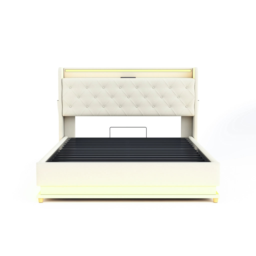 OKWISH Letto Contenitore 140×200 cm, Letto Matrimoniale con LED Multicolore, USB e Vano con Apertura Idraulica, senza Materasso, Beige