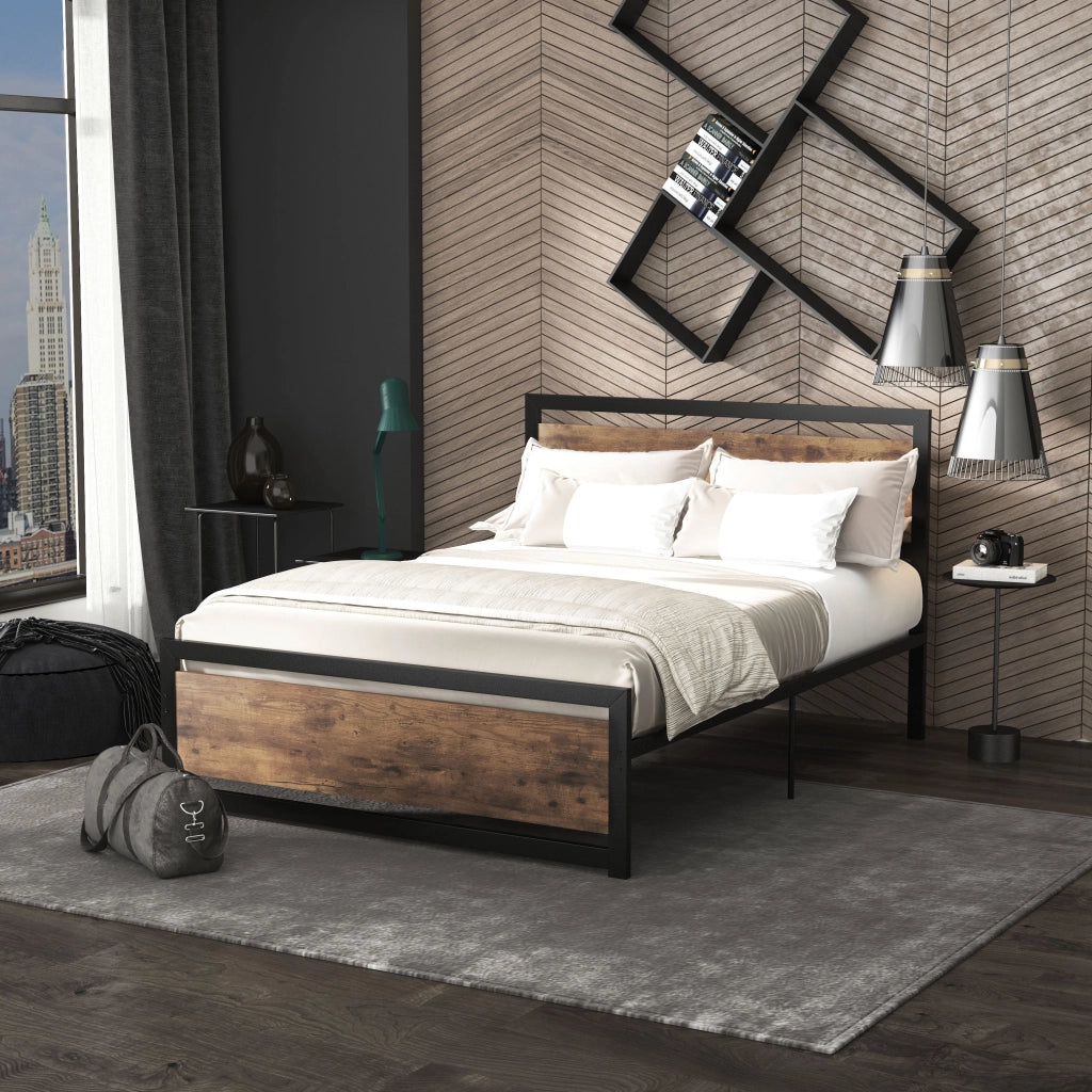Struttura Letto Una Piazza e Mezzo 140x200 cm in Acciaio con Doghe Integrate Nero e Marrone Rustico