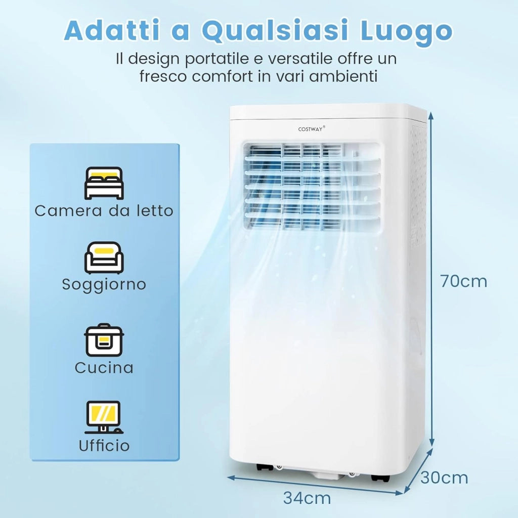 Condizionatore Portatile, 9000 BTU/2,5kW, 4 in 1 Con Raffreddamento, Ventola, Deumidificazione e Modalità Notturna, 24H Timer, Refrigerante R290 (9000BTU|20㎡+)