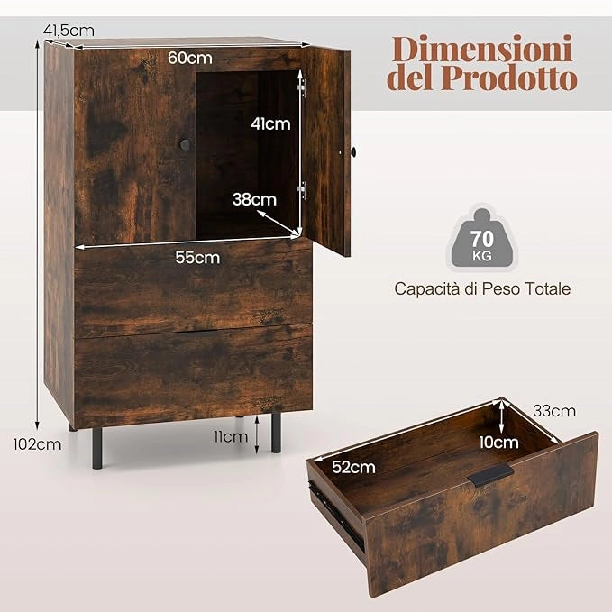 Credenza da Cucina, Armadio a 2 Ante con Cassetti e Mobile Contenitore, Mobile Cucina da Pavimento con Gambe in Metallo per Soggiorno e Appartamento, 60 x 41,5 x 102 cm (Marrone)