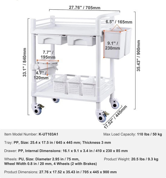 Carrello di Laboratorio - Carrello Rotolante - Bianco 4 PP 2 4 - con Materiale ABS Carrello per Clinica Ospedale Estetica