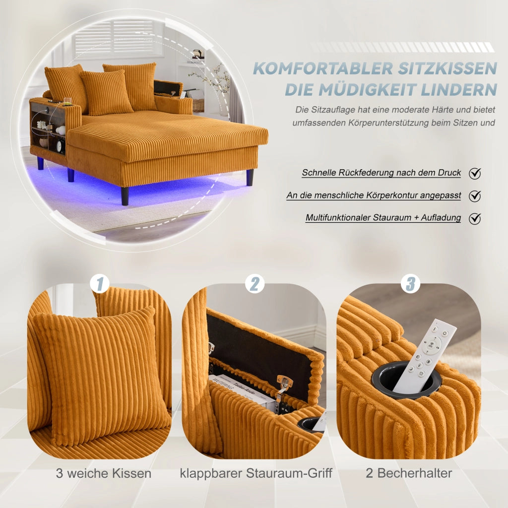 Méridienne con portabicchieri, luci LED, vano portaoggetti e porta USB in velluto a coste giallo senape 129 × 170 × 70 cm