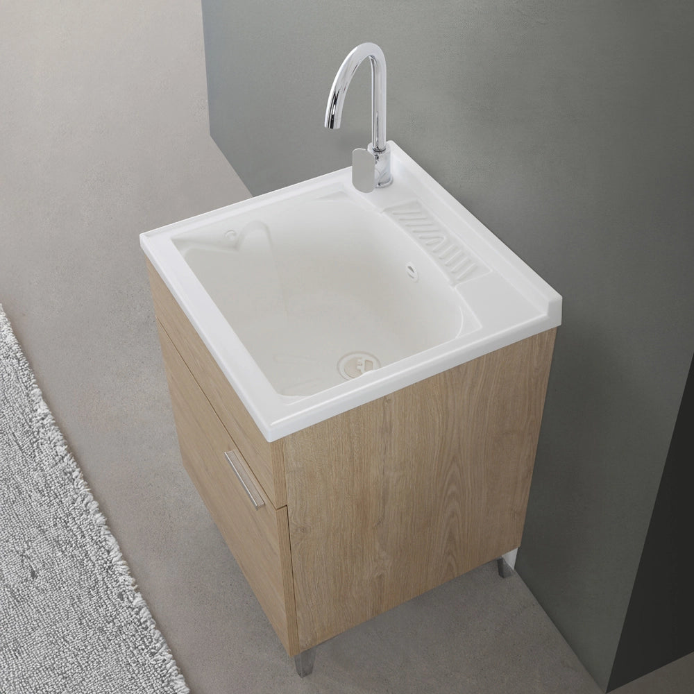 Mobile lavatoio 50x50 cm rovere con vasca in resina e asse lavapanni