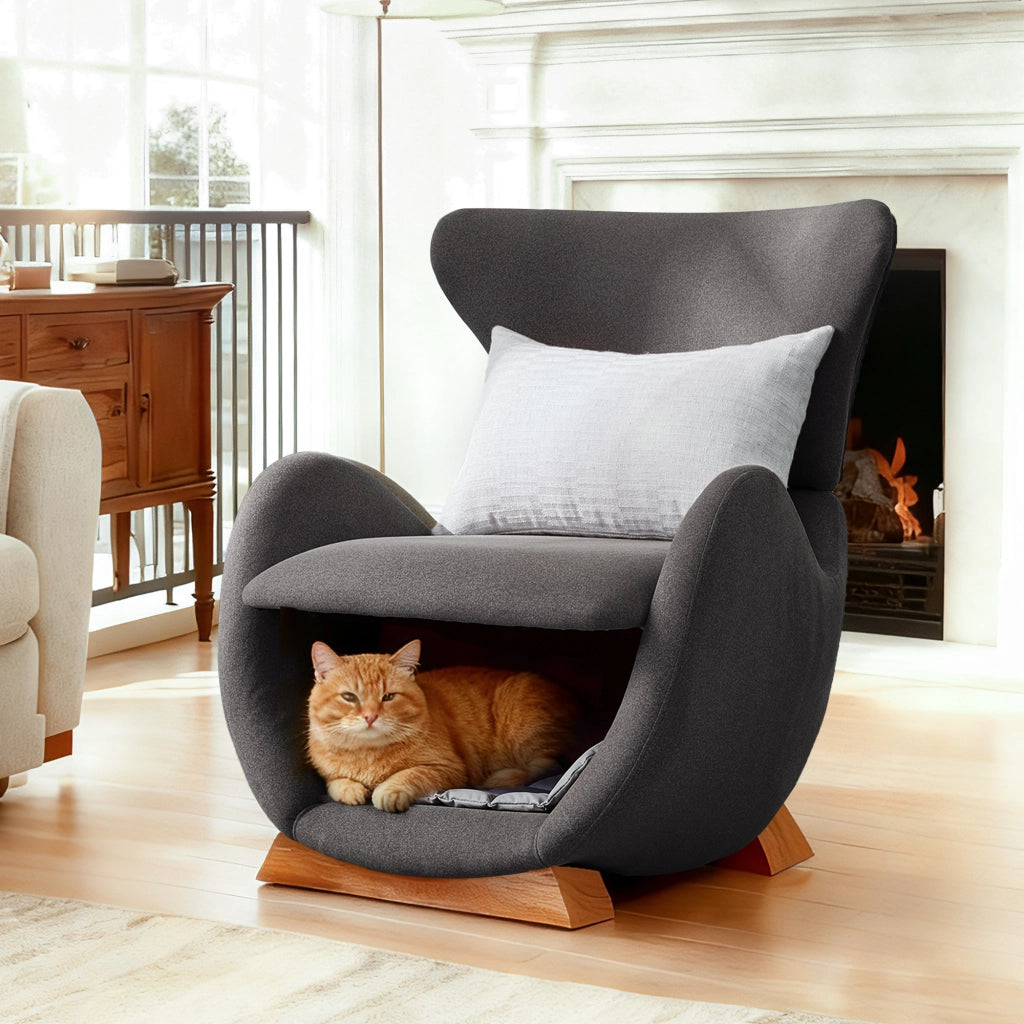 OKWISH Poltrona Lounge con Nicchia Integrata per Gatto e Cane di Piccola Taglia, Tessuto Resistente ai Graffi, Legno e Tessuto, Grigio