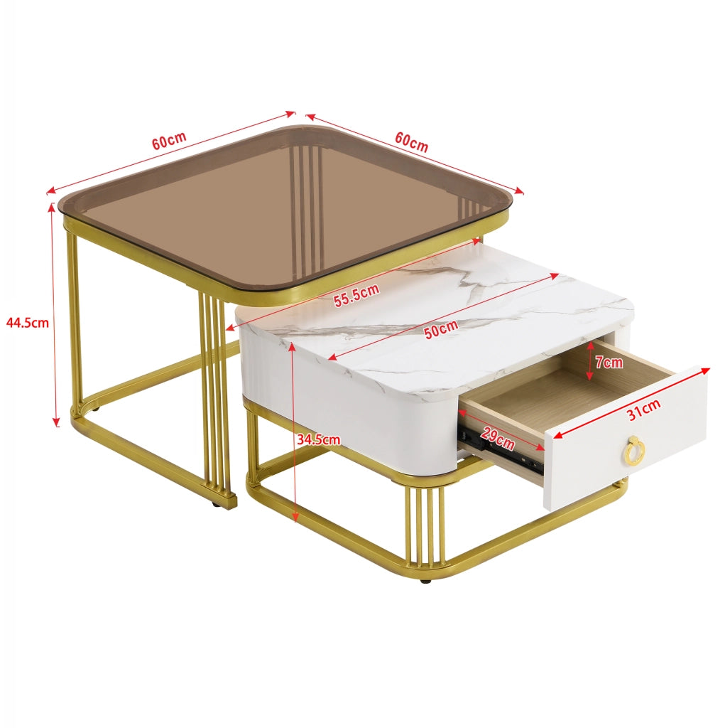 TAVOLINI DA SALOTTO Set 2 pezzi 60x60x44,5 cm + 50x50x34,5 cm MDF Bianco/Oro