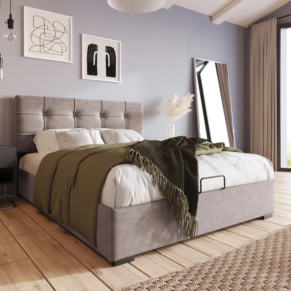 Letto Singolo Imbottito Contenitore con Testiera Regolabile ¨C MINIMAL ¨C Velluto Grigio Chiaro 90x200