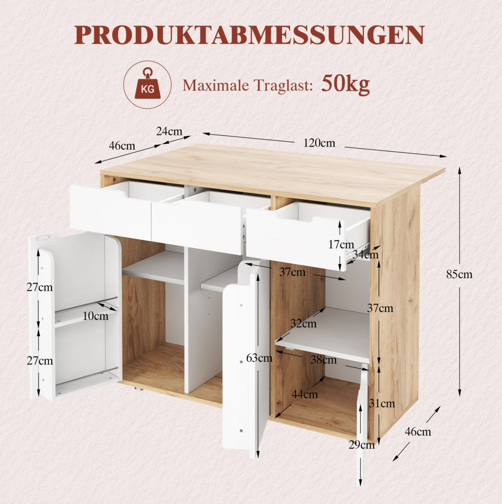 Mobile contenitore con ruote 120x46x85 cm in legno ingegnerizzato bianco