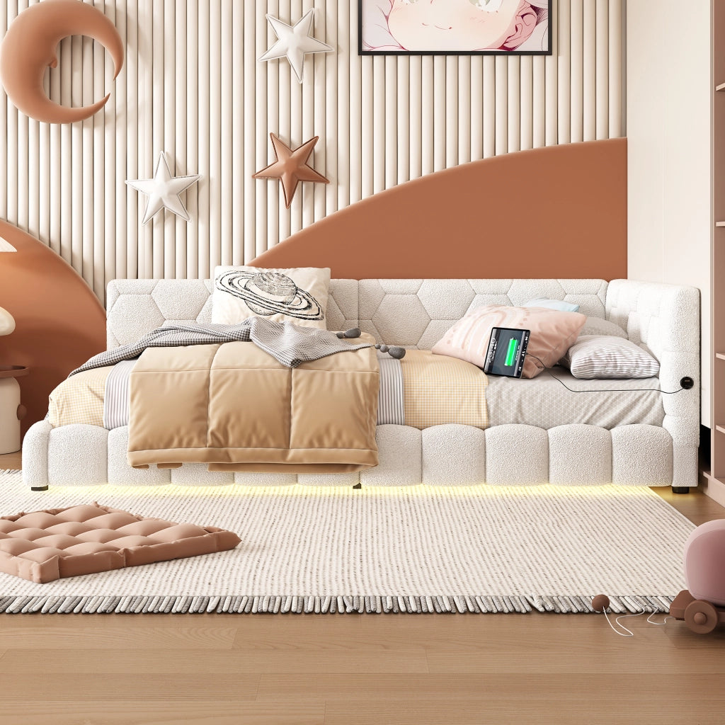 Letto singolo 90×200 cm con LED regolabile; USB e Type-C; senza materasso; MDF e velluto; bianco