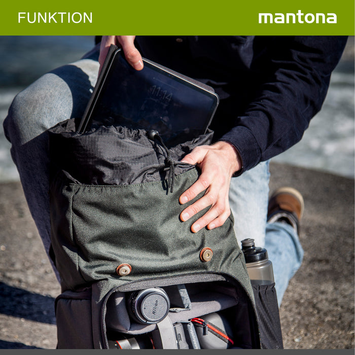 Mantona Luis Retro Zaino fotografico verde, per fotocamera con copertura antipioggia, borsa fotografica con scomparto per laptop, DSLR, 3 obiettivi e accessori fotografici