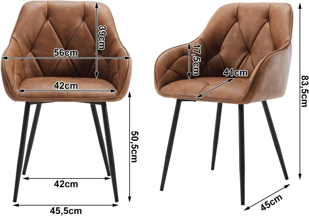 Set di 2 Sedie da Pranzo con Braccioli e Schienale, Sedie Cucina Moderna in PU Vintage, Poltrone da Salotto con Gambe in Metallo, Sedie ergonomiche per Ufficio, Bar, Marrone, EZS03br-2