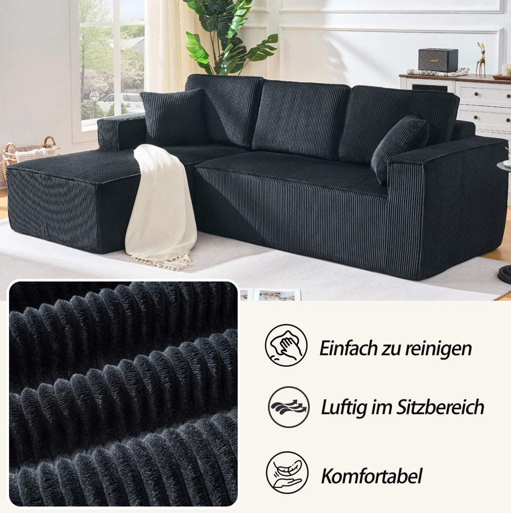Divano angolare modulare a L; 2 posti con chaise longue; 235 x 128 x 60 cm; velluto a coste nero