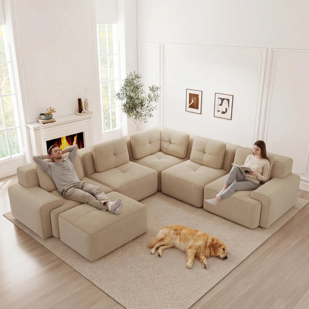 Divano angolare modulare senza telaio con seduta profonda e base antiscivolo in velluto a coste beige 295 × 295 × 69 cm