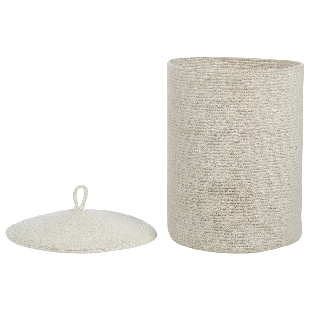 Cestino in tessuto di cotone bianco sporco con accessori per la conservazione del coperchio boho