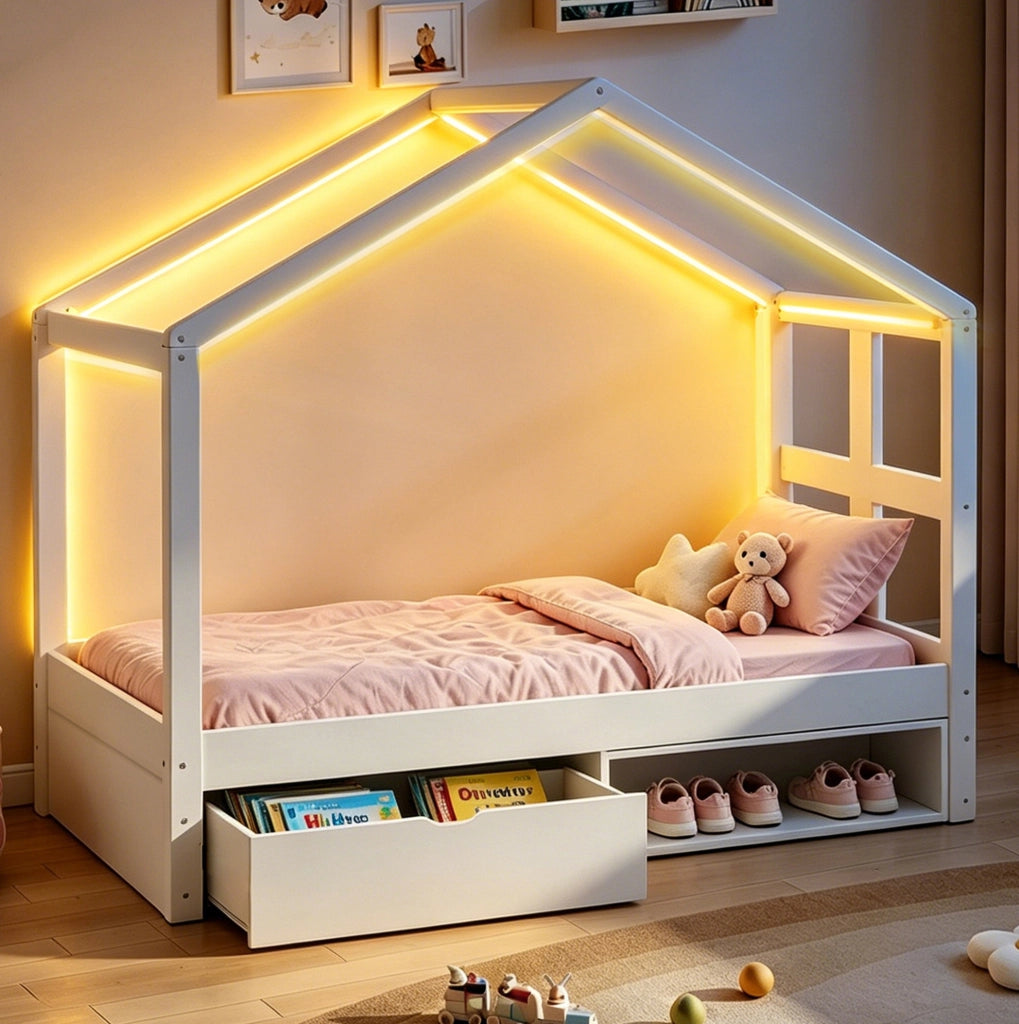 Letto singolo a casetta 90x190 cm con LED, cassetto e scarpiera