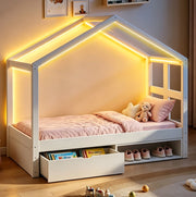Letto singolo a casetta 90x190 cm con LED, cassetto e scarpiera