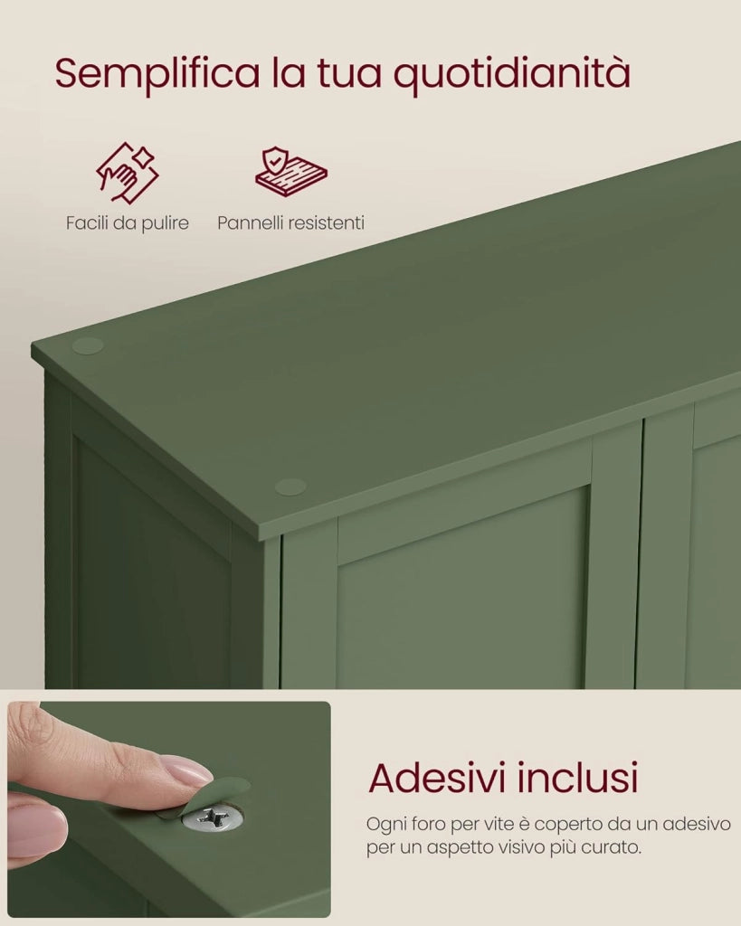 VASAGLE Mobiletto da Bagno, Armadietto con 2 Ripiani Regolabili, Portaoggetti con 4 Ante, Unità Alta Autoportante, per Cucina, Verde Foresta BBC553CH01