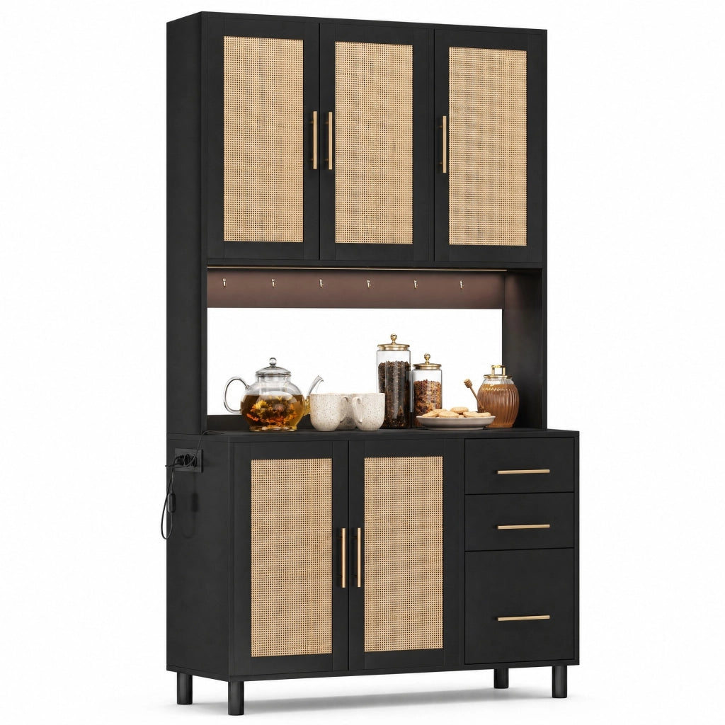 Credenza cucina 100x40x183 cm con LED multicolore; 2 prese; USB; 3 cassetti; MDF nero