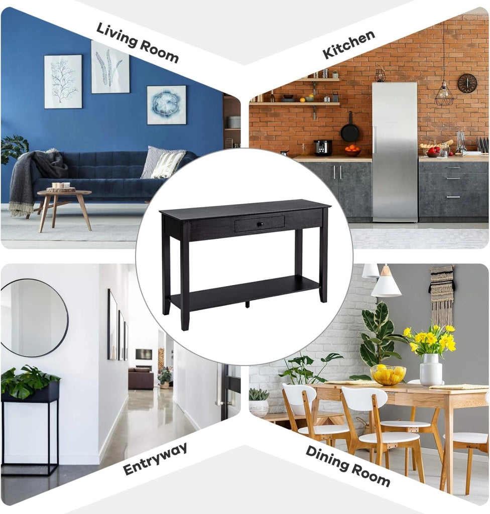 Tavolo consolle con cassetto, ripiano e piattaforma di visualizzazione a 2 ripiani in legno per ingresso, corridoio, soggiorno, camera da letto, tavolo multifunzionale per ingresso (nero)