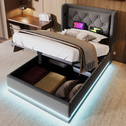 Letto imbottito singolo ULEVR 90x200 cm con contenitore idraulico, LED, USB e Type-C, cotone grigio