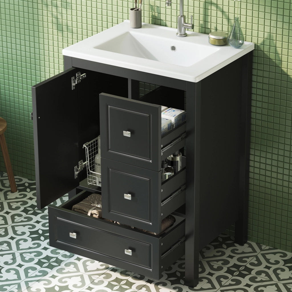 Mobile sottolavabo da bagno con lavabo in ceramica, 1 porta e 3 cassetti, in MDF laccato, nero, 62 × 47 × 90 cm