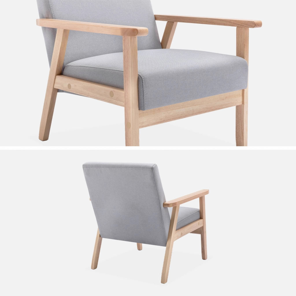 Poltrona scandinava in legno e tessuto, grigio chiaro