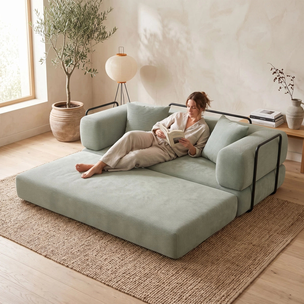 Sey - Divano Letto Pieghevole 180x72x90 cm Convertibile 4 in 1 con Cuscini Rivestimento Lavabile in Tessuto Salvia