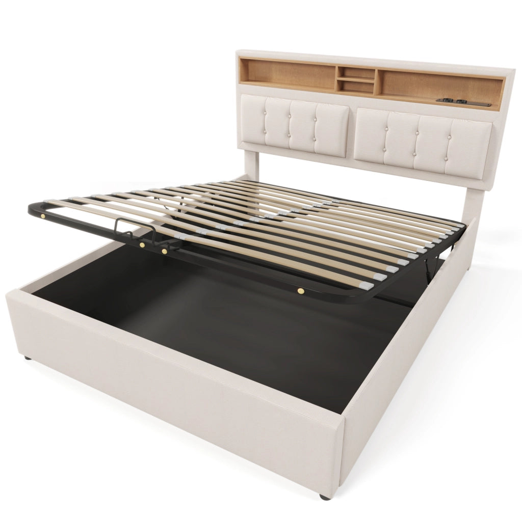 Letto imbottito ULEVR 140x200 cm con contenitore, testiera regolabile, prese USB e Type-C, lino beige