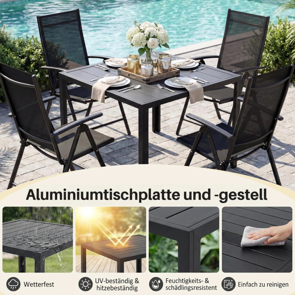 Tavolo da giardino in Alluminio, 75x75 cm Quadrato Tavolo da Esterno in Metallo per Balcone Terrazze, Inossidabile, Resistente Alle Intemperie, Facile da montare, Nero, Ampio Pannello 11 cm