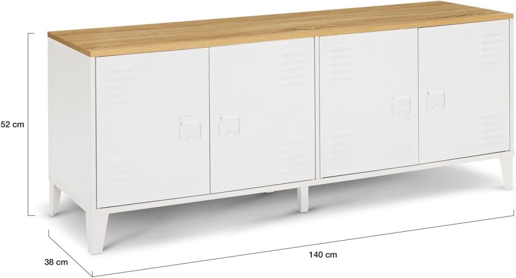 Credenza bassa ESTER 140 cm con 4 ante in metallo bianco e piano in legno dal design industriale