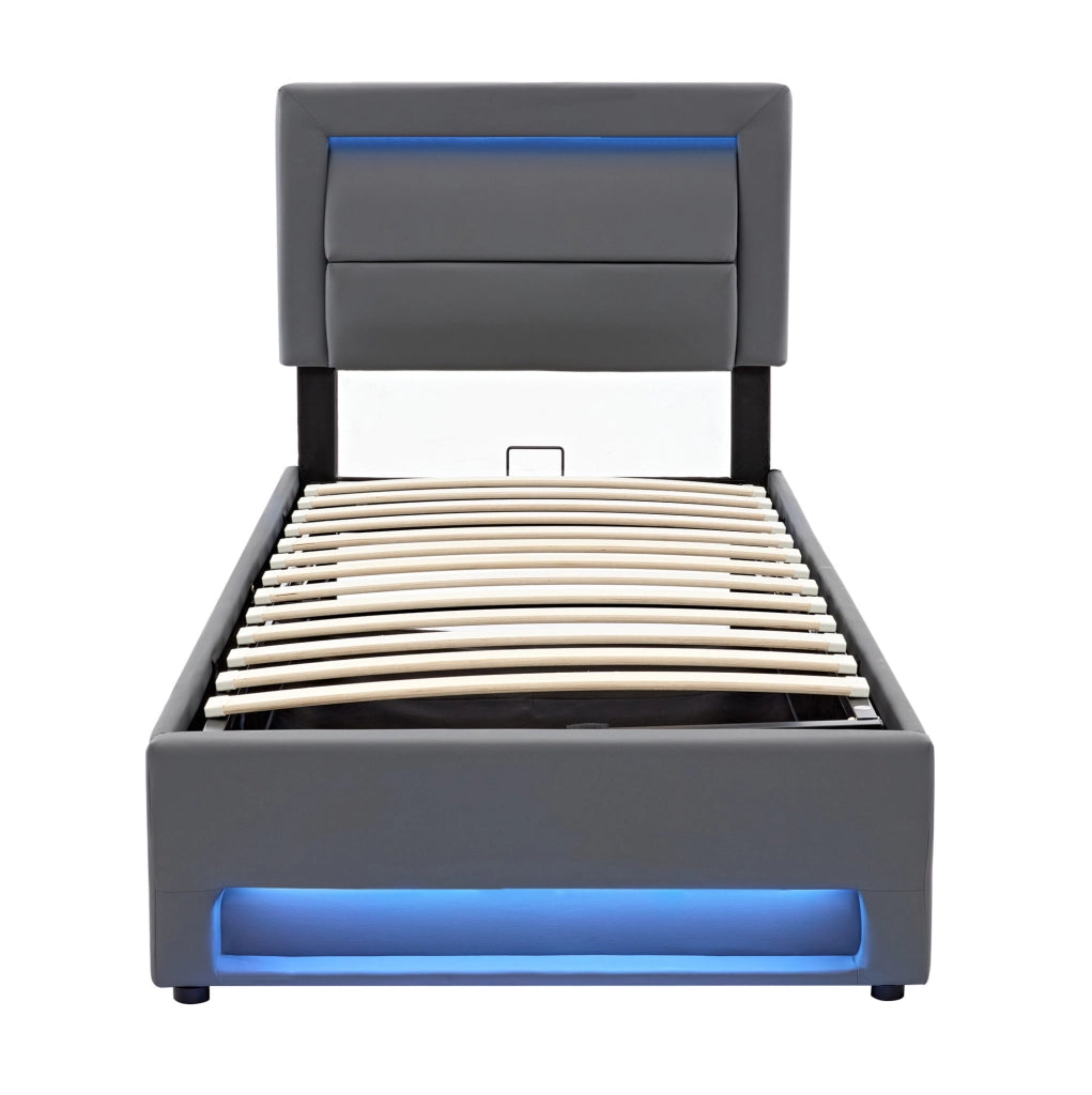 Letto imbottito 90x190 cm; USB e LED; con spazio contenitore; PU grigio (Senza materasso)