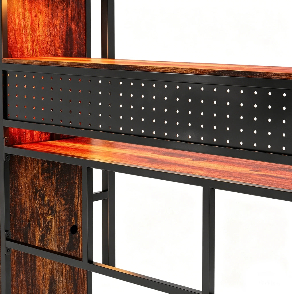 Letto a soppalco multifunzione 90x200 cm in metallo e MDF; nero; con scrivania; armadio e LED
