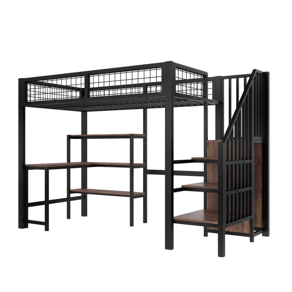 Letto a soppalco 90x200 cm con scrivania; scaffali e armadio in MDF e metallo nero e marrone